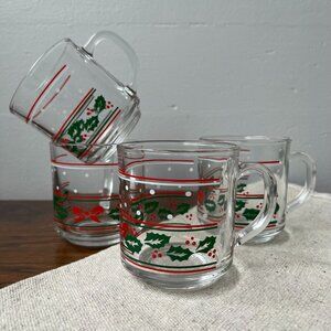Vintage KIG Indonesia Glass Christmas Mugs Set of 4 Holly & Berries